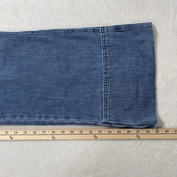 Aerie Denim Kick Flare Overalls Wide Leg Jumpsuit Womens Sz L Blue Button Front - Picture 14 of 16